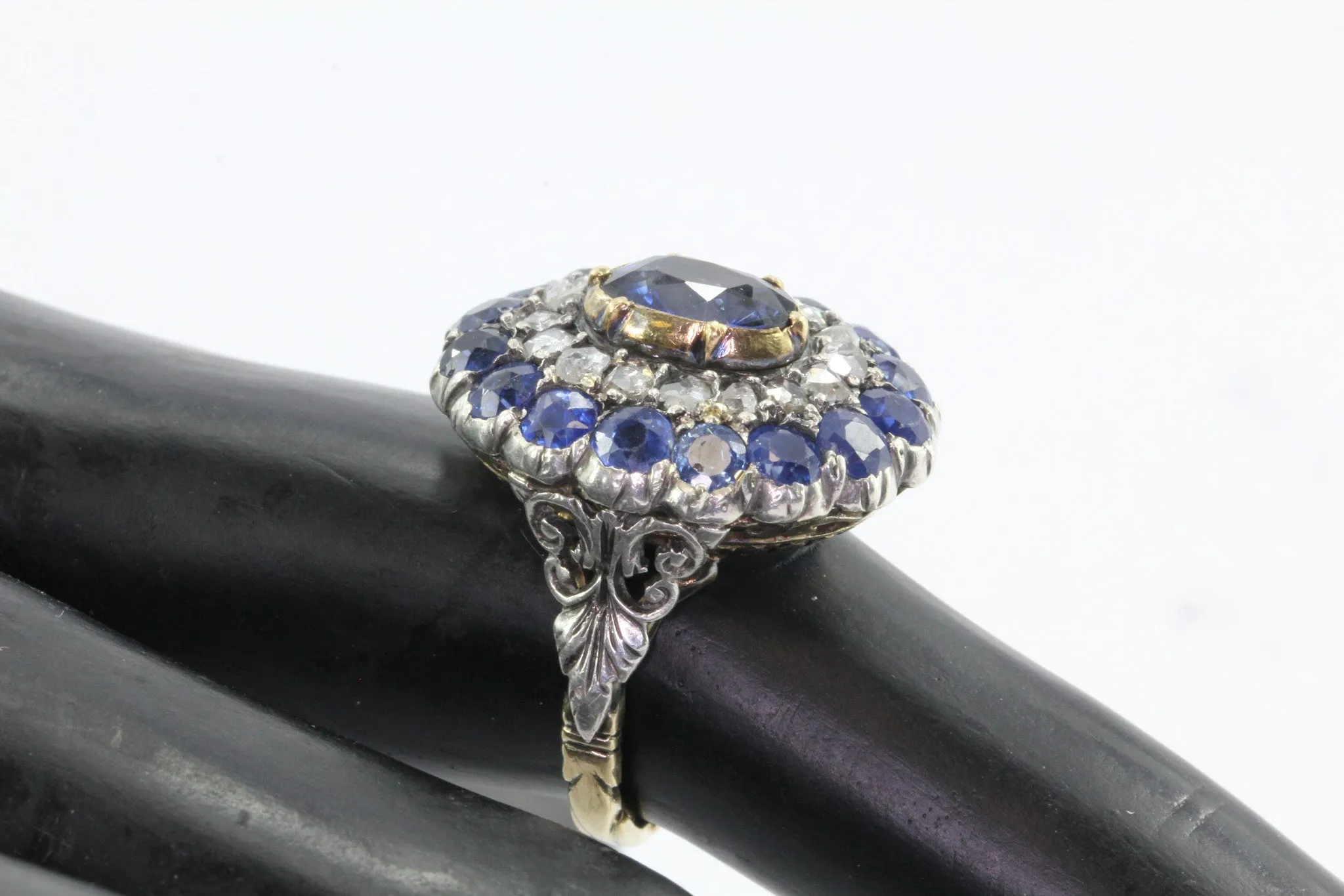 Georgian 18K Gold Silver Top Blue Sapphire Rose Cut Diamond Ring