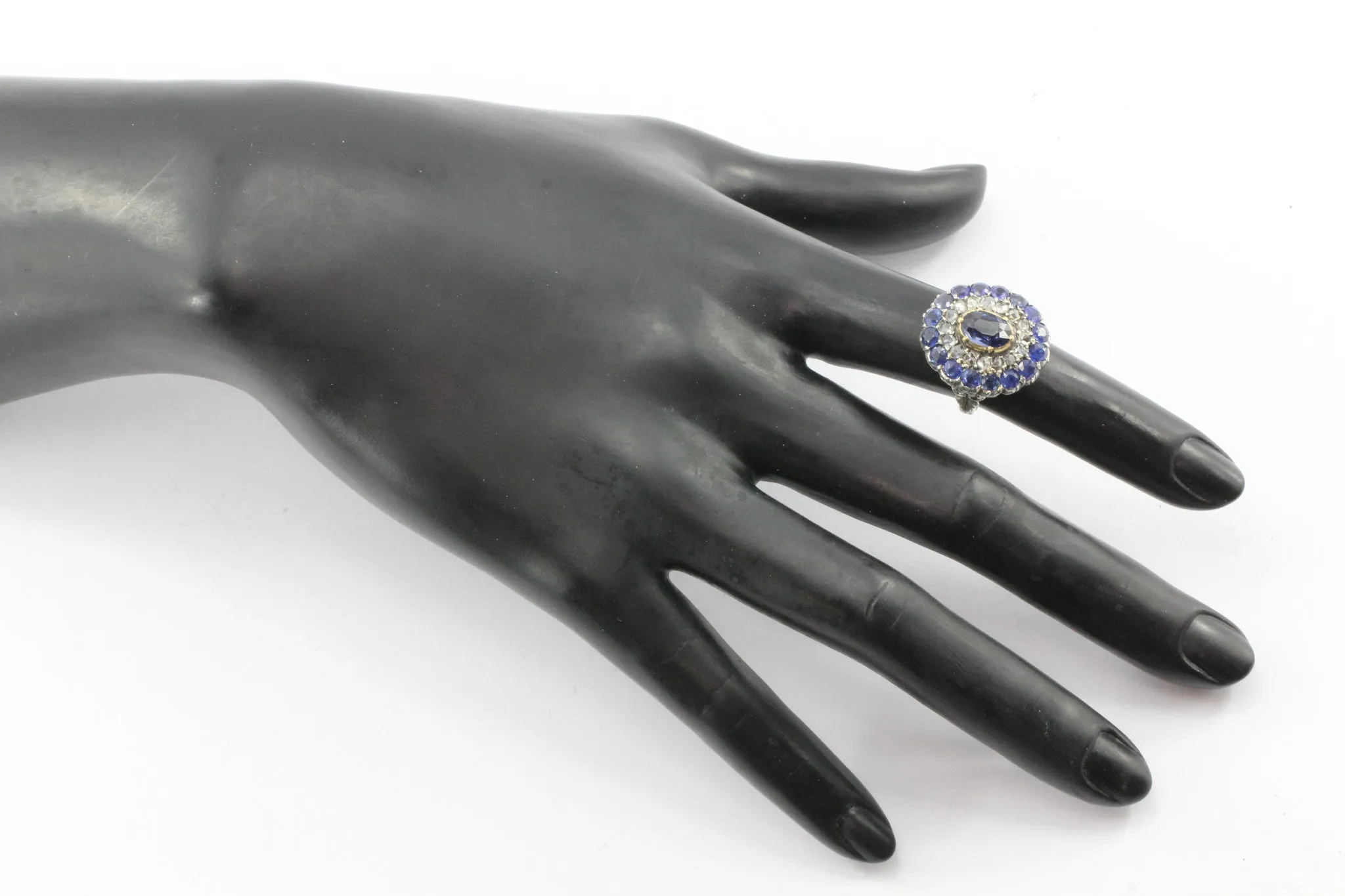 Georgian 18K Gold Silver Top Blue Sapphire Rose Cut Diamond Ring