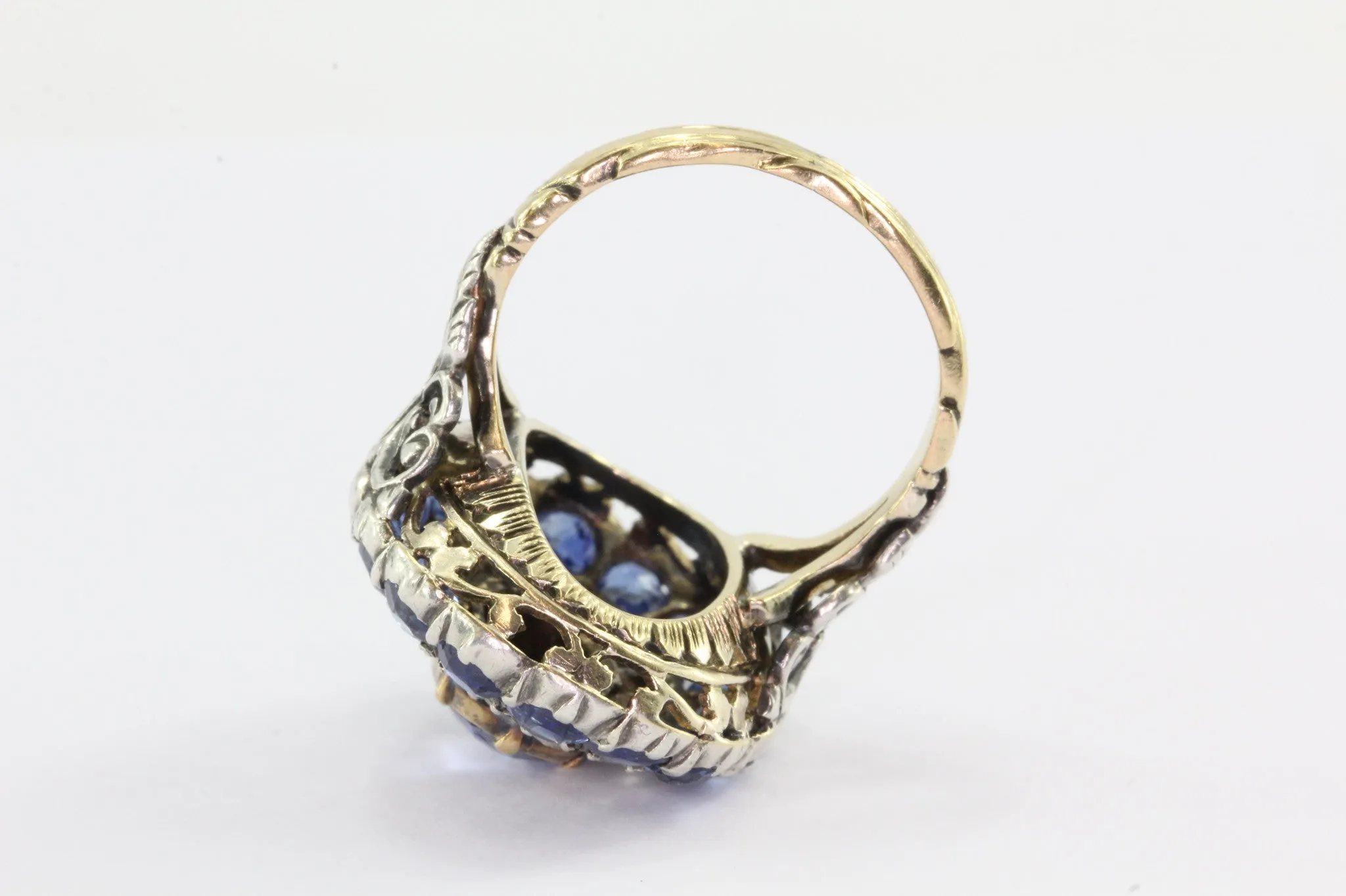 Georgian 18K Gold Silver Top Blue Sapphire Rose Cut Diamond Ring