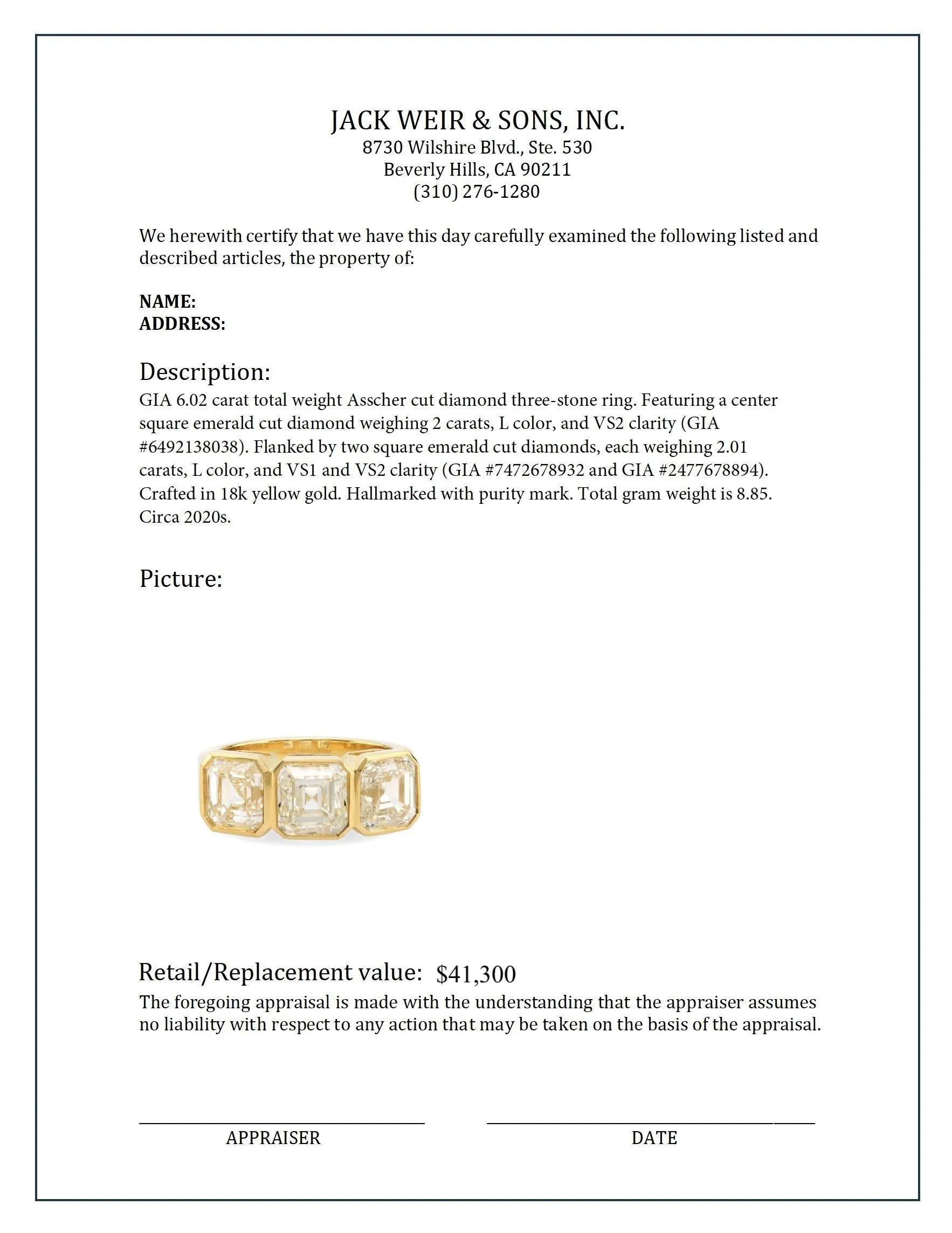 GIA 6.02 carat total weight Asscher cut diamond 18k yellow gold three stone ring