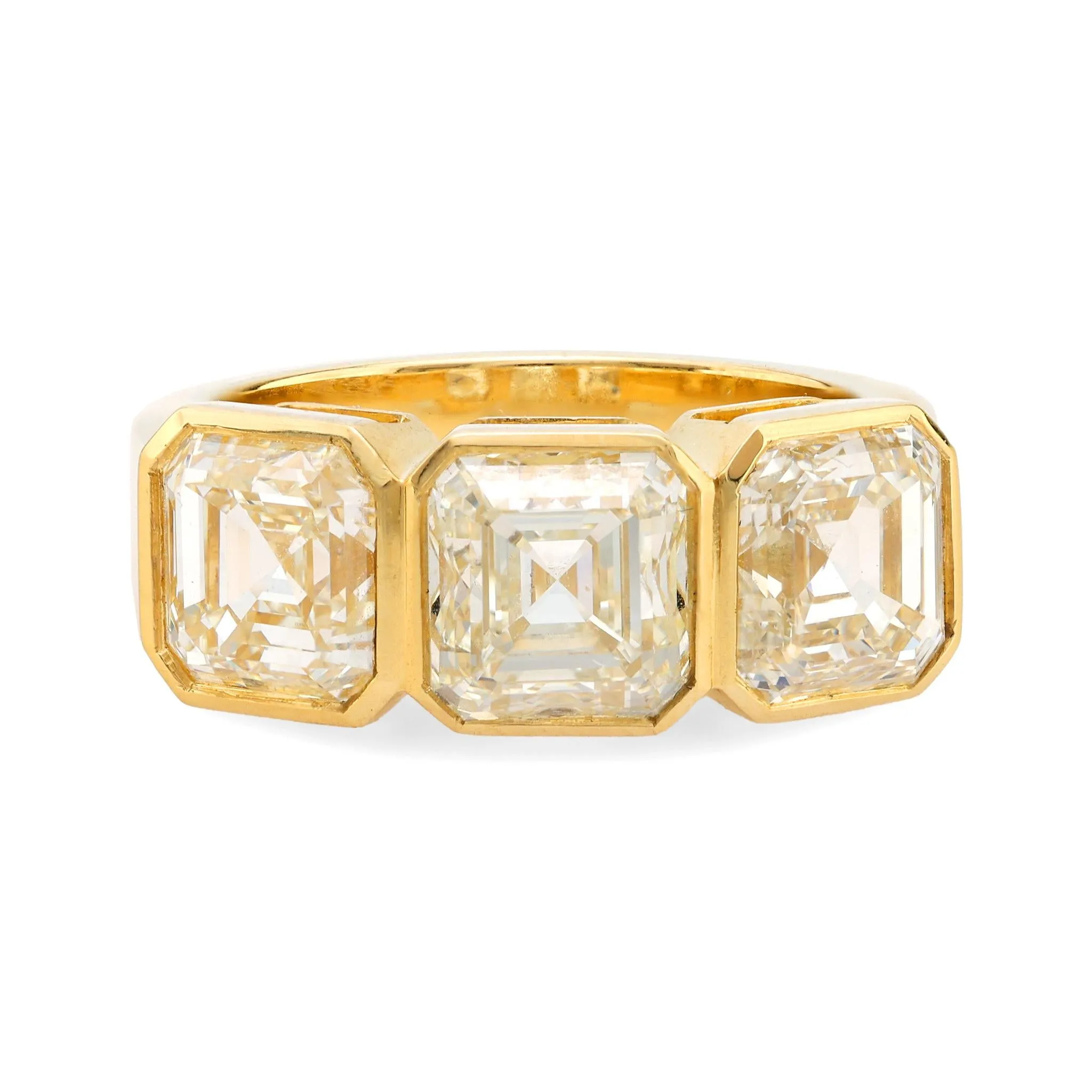 GIA 6.02 carat total weight Asscher cut diamond 18k yellow gold three stone ring