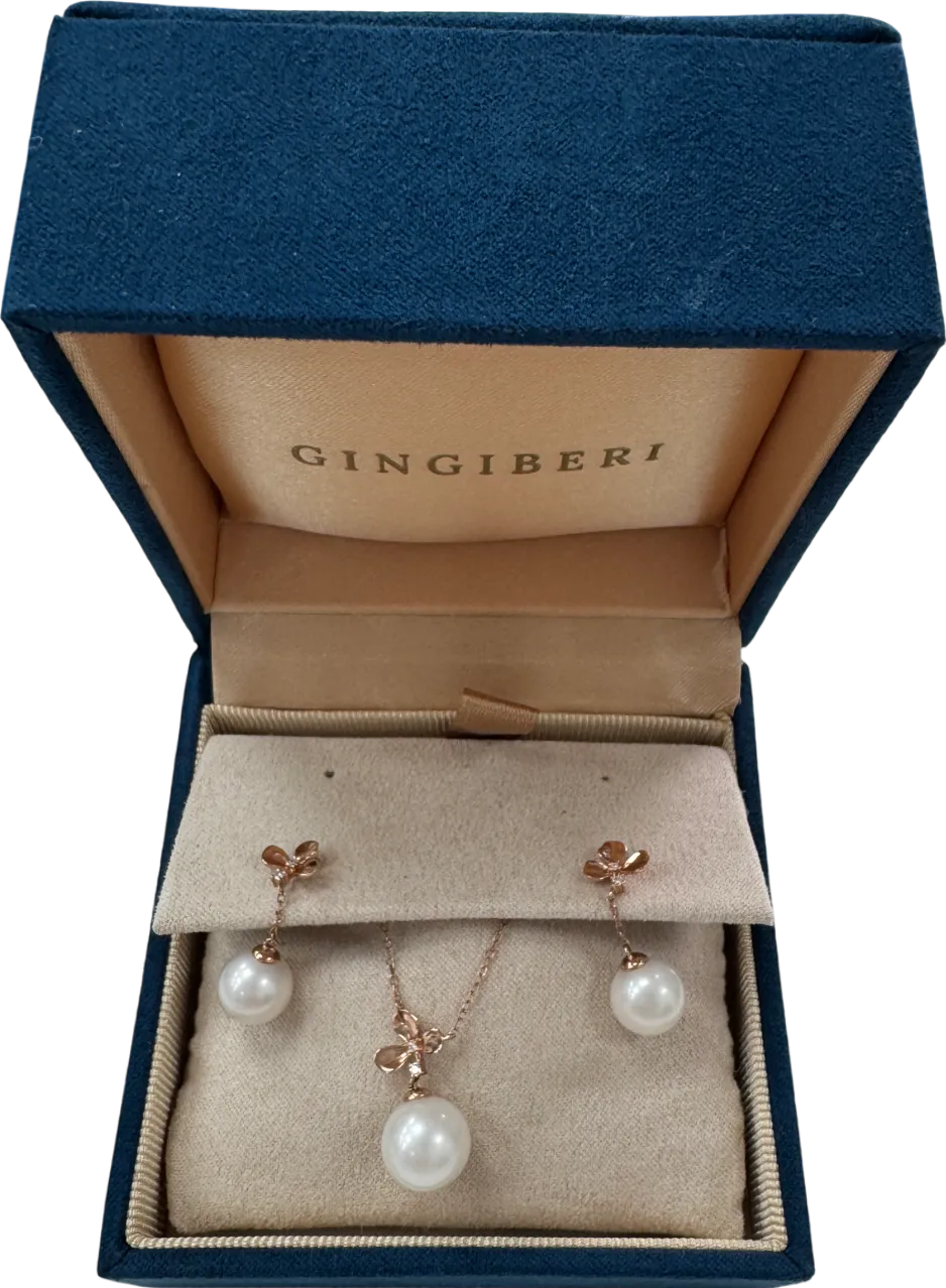 GINGIBERI 18k solid Yellow gold and real pearls -  Diamond Pendant Necklace And Earring Set