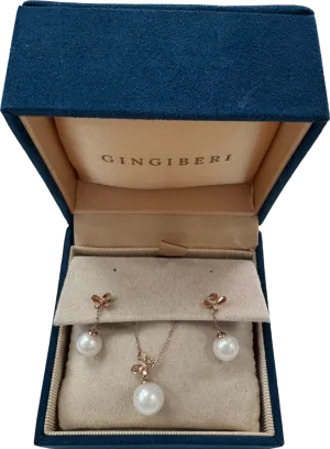 GINGIBERI 18k solid Yellow gold and real pearls -  Diamond Pendant Necklace And Earring Set