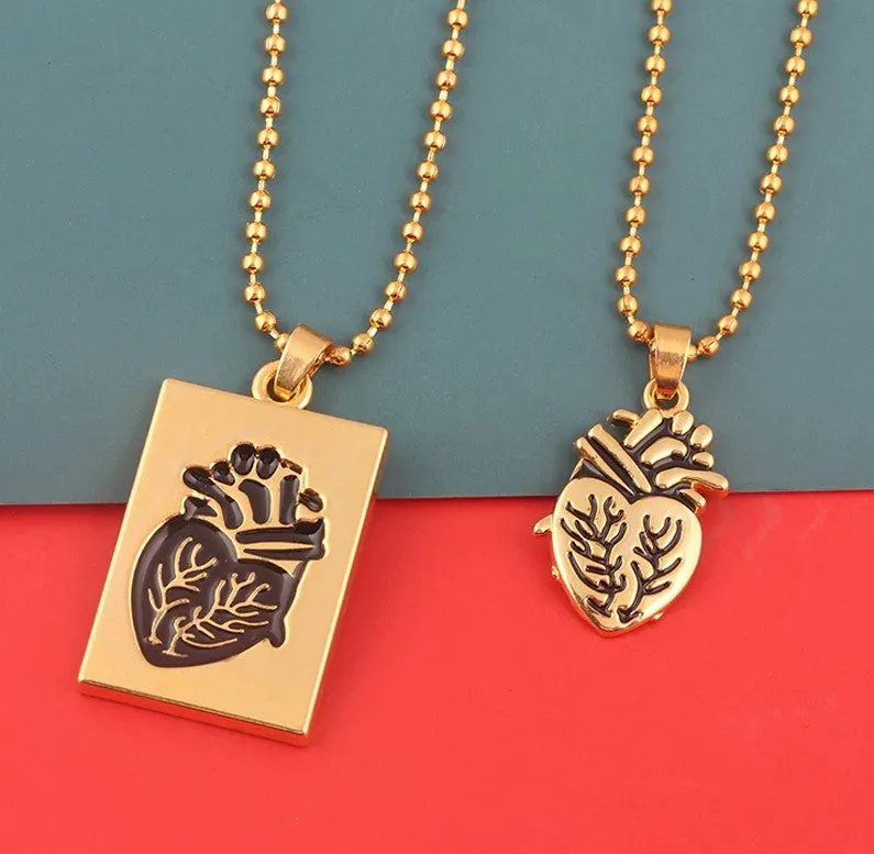 Gold Anatomical Human Heart Pendant Necklace Set