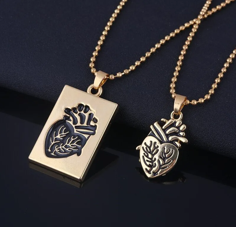 Gold Anatomical Human Heart Pendant Necklace Set