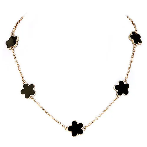GOLD BLACK ENAMEL FIVE LEAVES CLOVER GOLD NECKLACE  #HNN78395_GLD-BLK (AA15)
