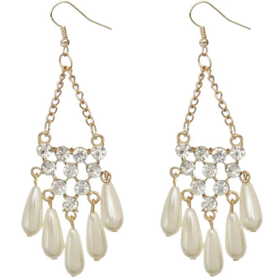Gold Faux Pearl Gemstone Chain Earrings