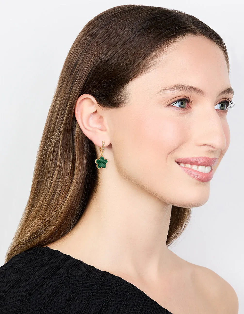 Gold Plated Emerald Flower Hoop Drop Earrings