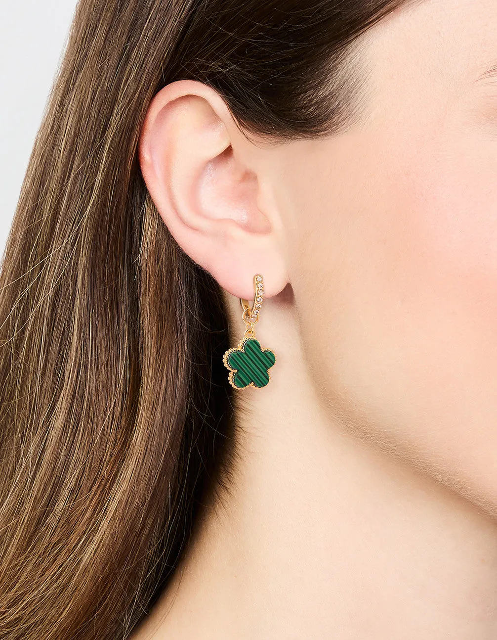 Gold Plated Emerald Flower Hoop Drop Earrings