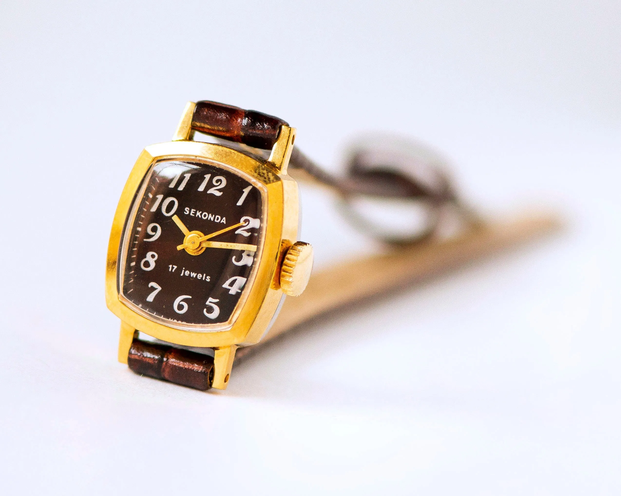 Gold plated unused women watch Sekonda vintage, micro watch rectangular minimalist, burgundy brown watch gift, new genuine leather strap