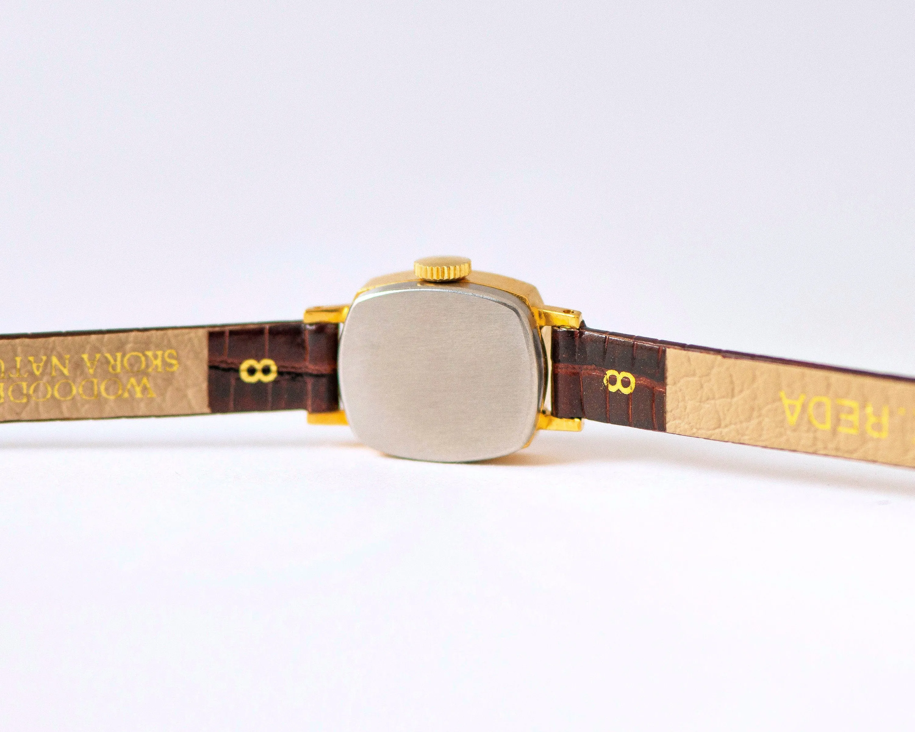 Gold plated unused women watch Sekonda vintage, micro watch rectangular minimalist, burgundy brown watch gift, new genuine leather strap