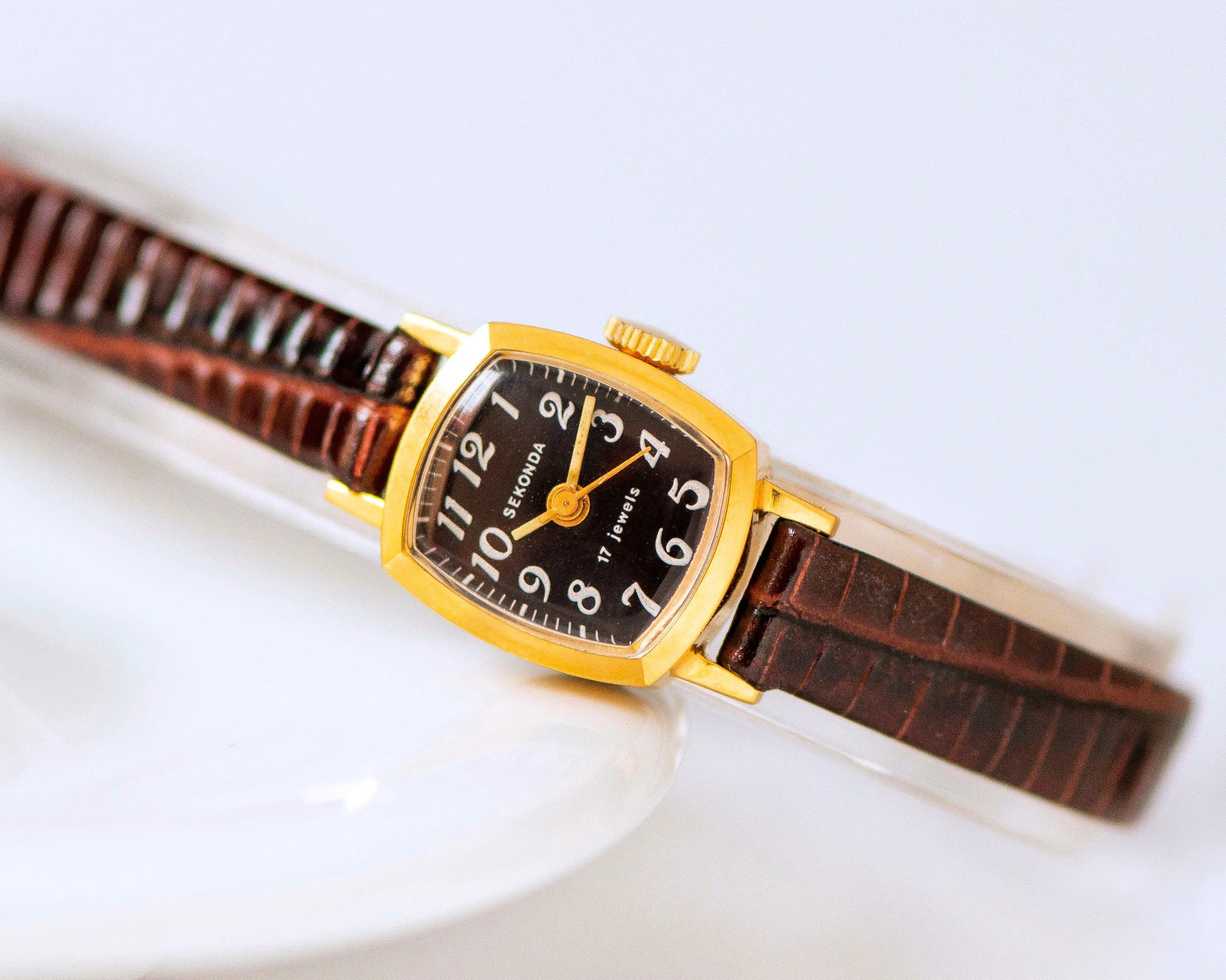Gold plated unused women watch Sekonda vintage, micro watch rectangular minimalist, burgundy brown watch gift, new genuine leather strap