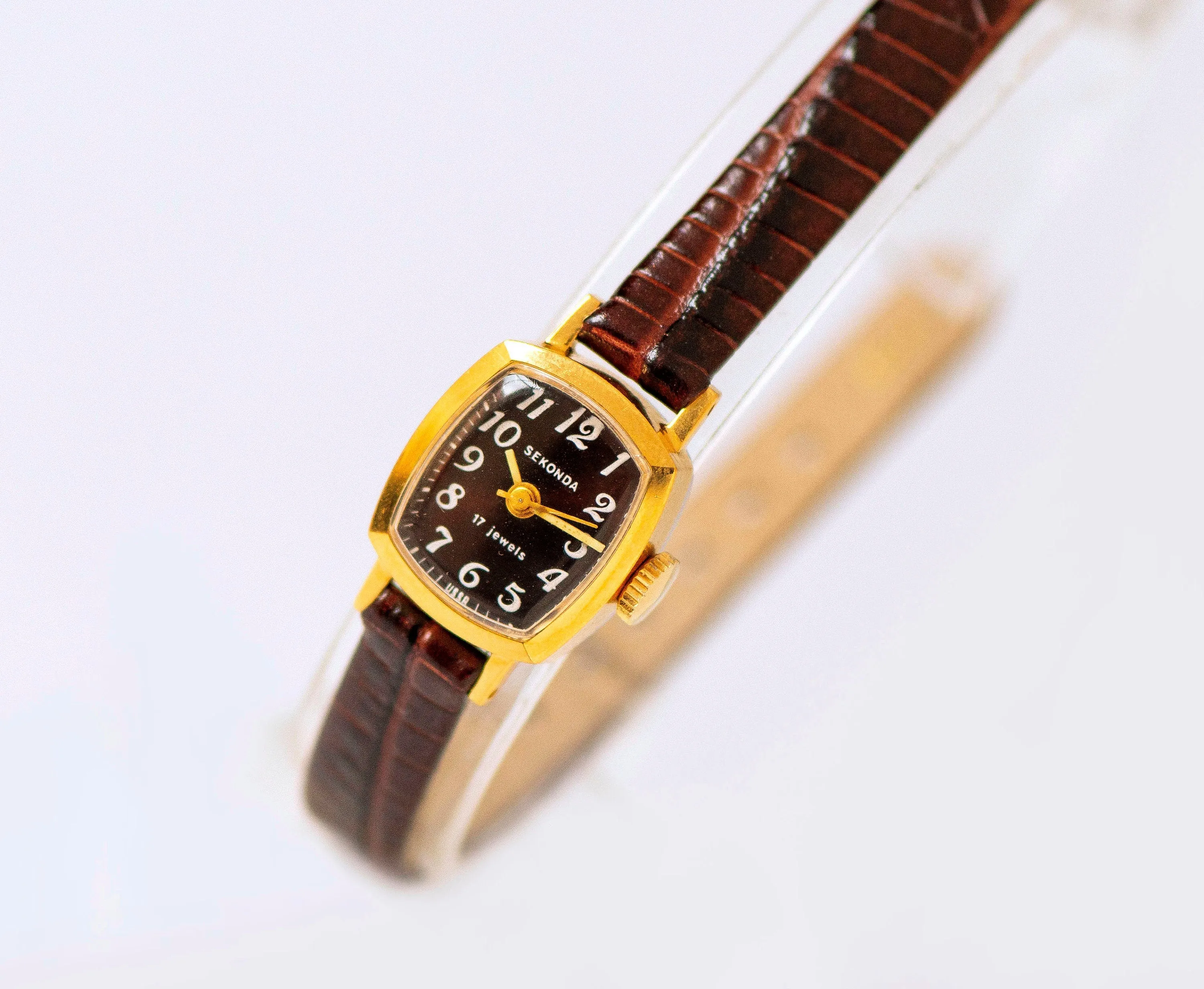 Gold plated unused women watch Sekonda vintage, micro watch rectangular minimalist, burgundy brown watch gift, new genuine leather strap
