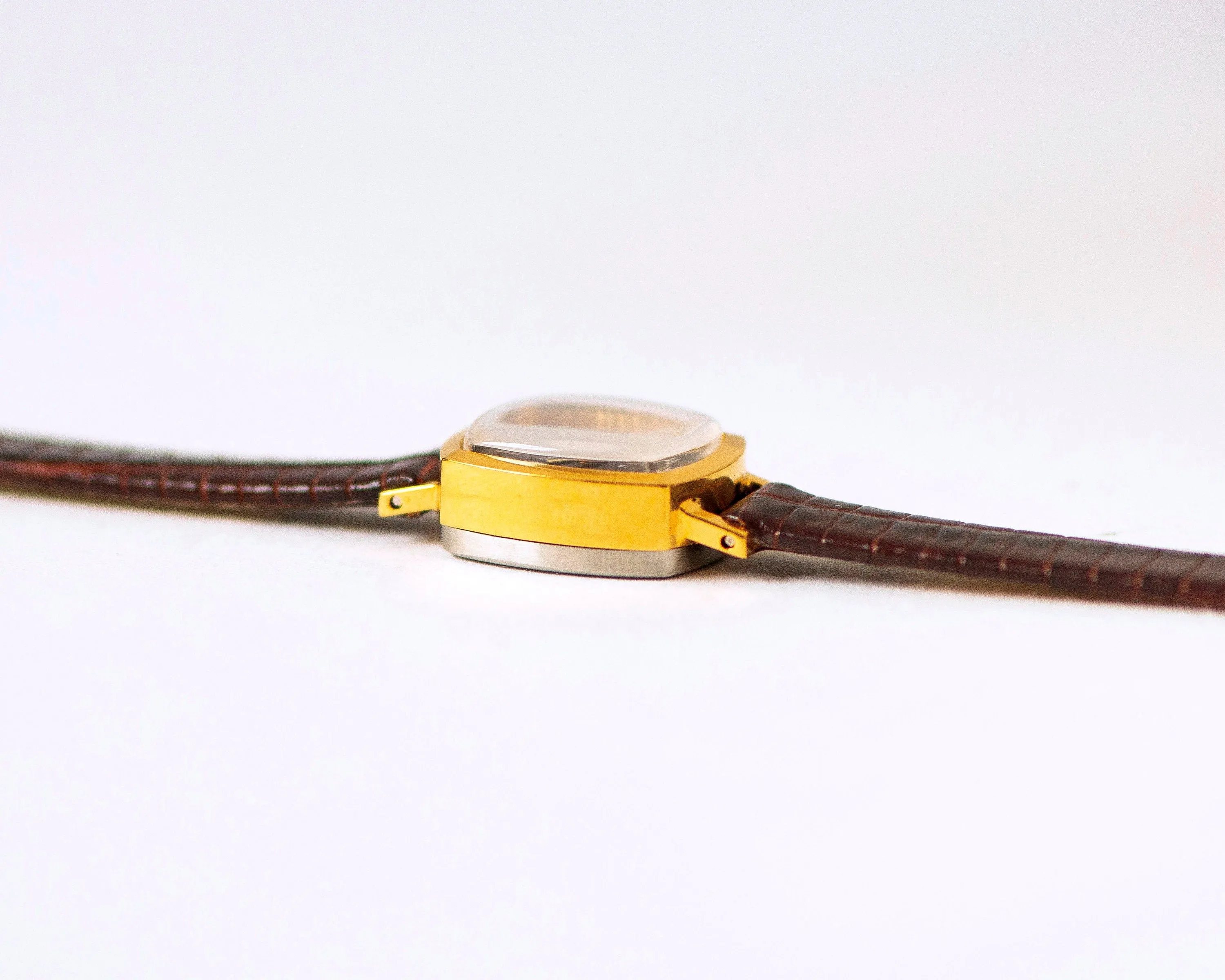 Gold plated unused women watch Sekonda vintage, micro watch rectangular minimalist, burgundy brown watch gift, new genuine leather strap
