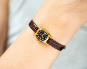 Gold plated unused women watch Sekonda vintage, micro watch rectangular minimalist, burgundy brown watch gift, new genuine leather strap