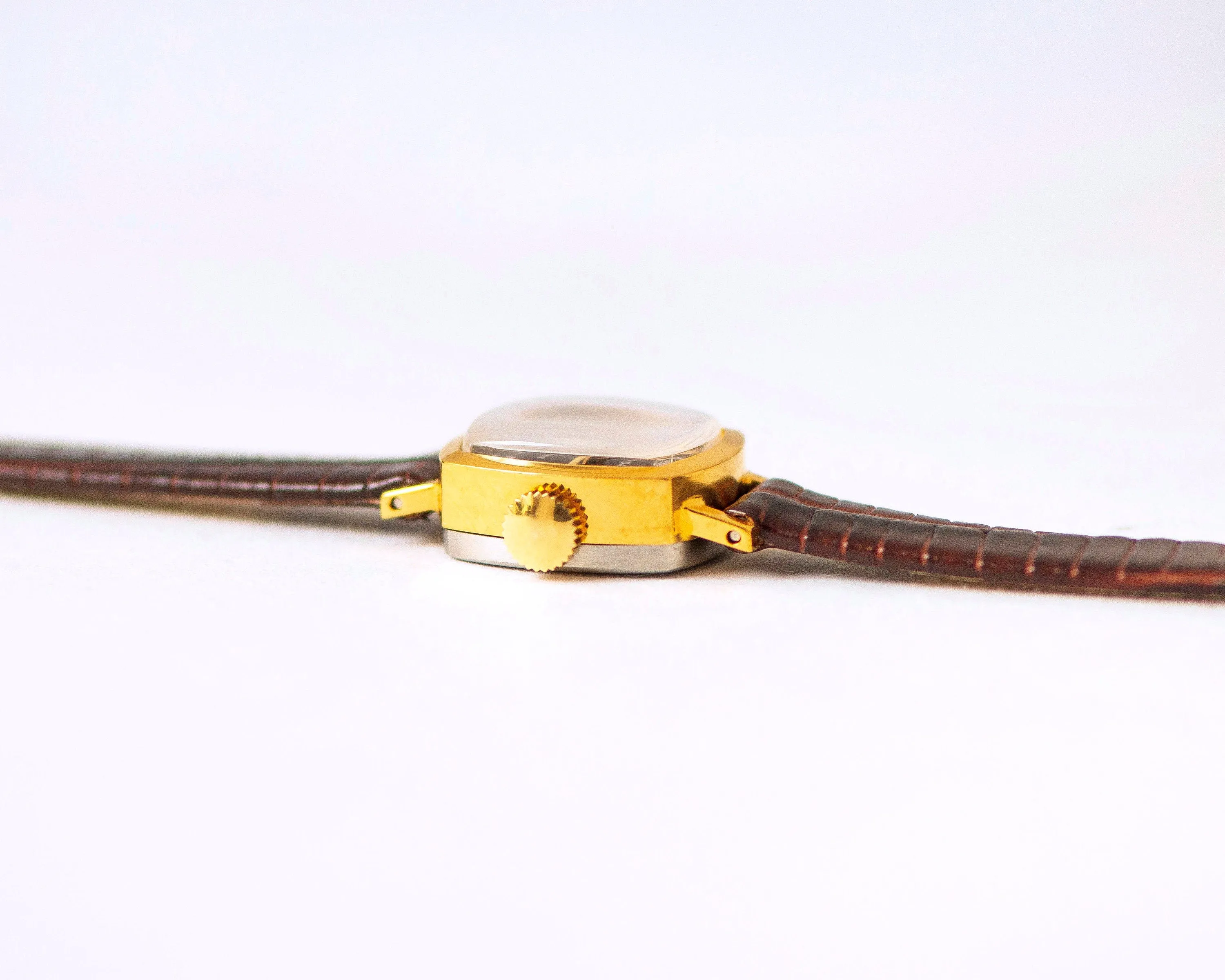 Gold plated unused women watch Sekonda vintage, micro watch rectangular minimalist, burgundy brown watch gift, new genuine leather strap