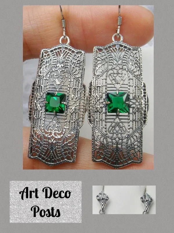 Green Emerald Earrings, Sterling Silver Art Deco 1920's Jewelry #E26