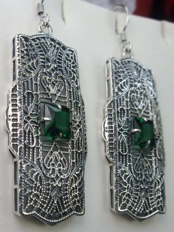 Green Emerald Earrings, Sterling Silver Art Deco 1920's Jewelry #E26
