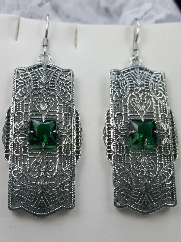Green Emerald Earrings, Sterling Silver Art Deco 1920's Jewelry #E26