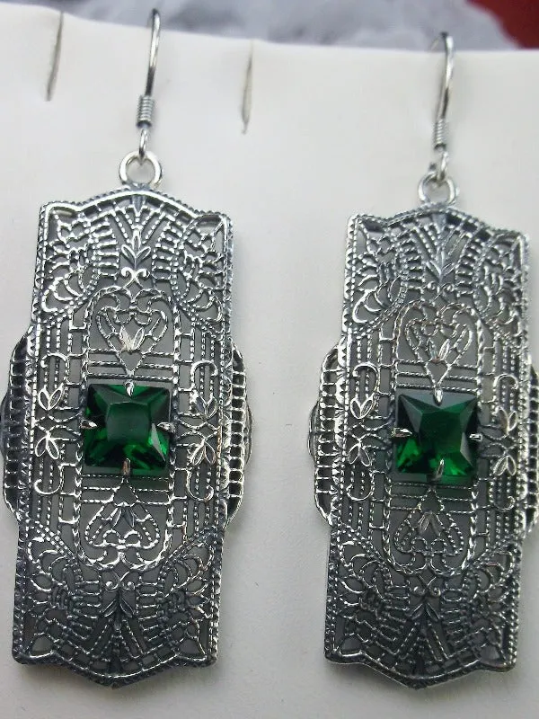 Green Emerald Earrings, Sterling Silver Art Deco 1920's Jewelry #E26