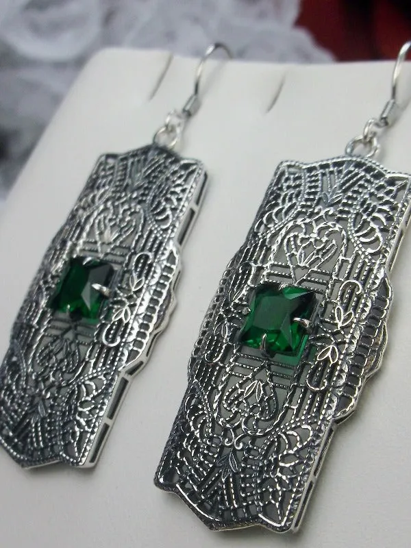 Green Emerald Earrings, Sterling Silver Art Deco 1920's Jewelry #E26
