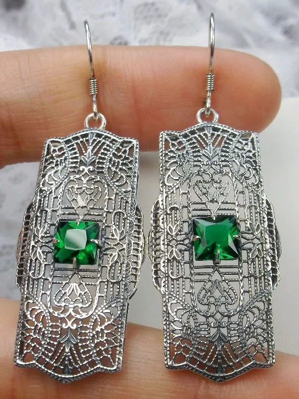 Green Emerald Earrings, Sterling Silver Art Deco 1920's Jewelry #E26