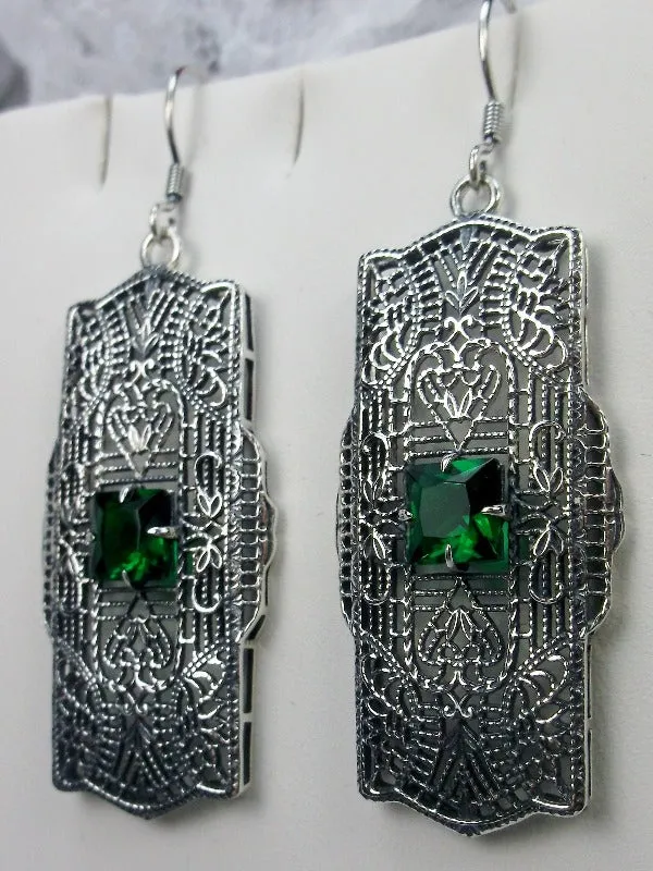 Green Emerald Earrings, Sterling Silver Art Deco 1920's Jewelry #E26