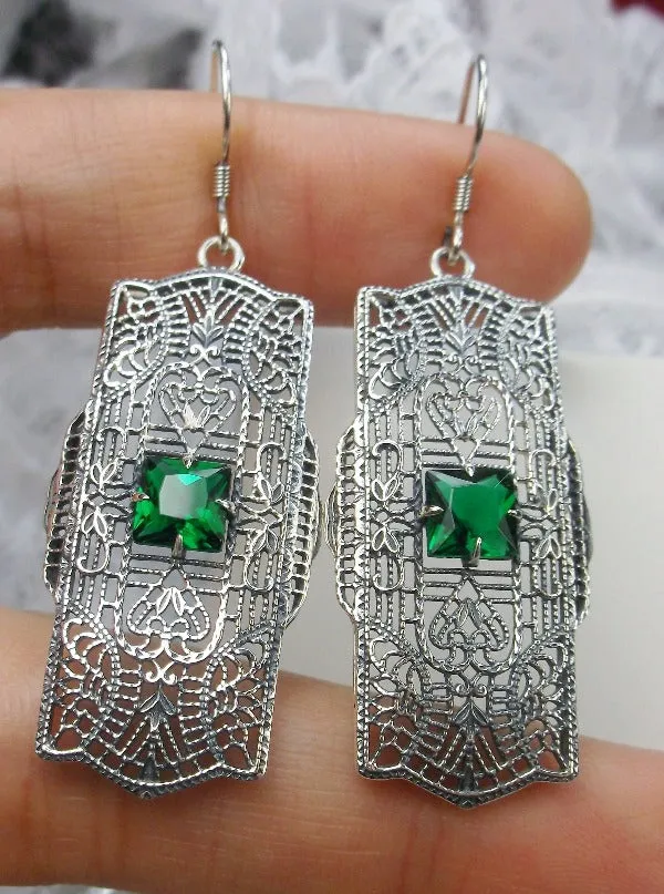 Green Emerald Earrings, Sterling Silver Art Deco 1920's Jewelry #E26