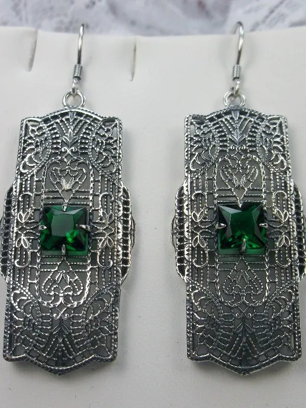 Green Emerald Earrings, Sterling Silver Art Deco 1920's Jewelry #E26