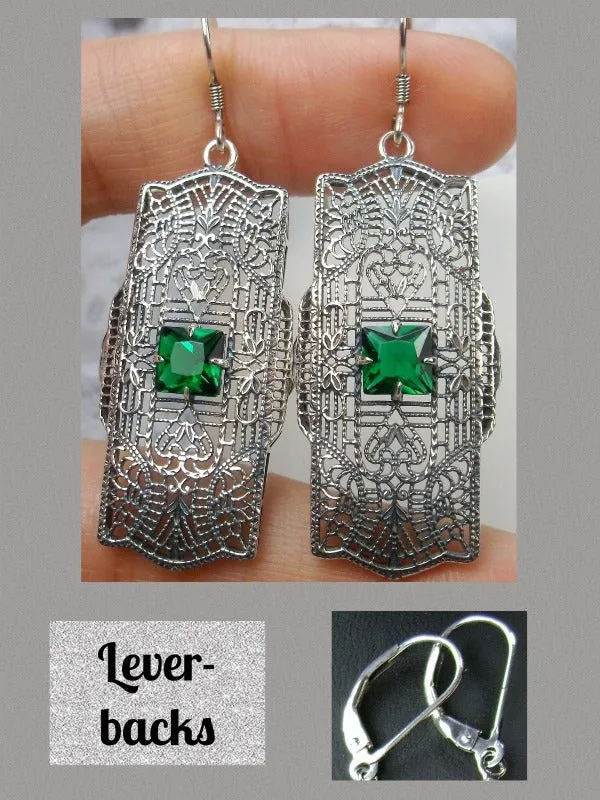 Green Emerald Earrings, Sterling Silver Art Deco 1920's Jewelry #E26
