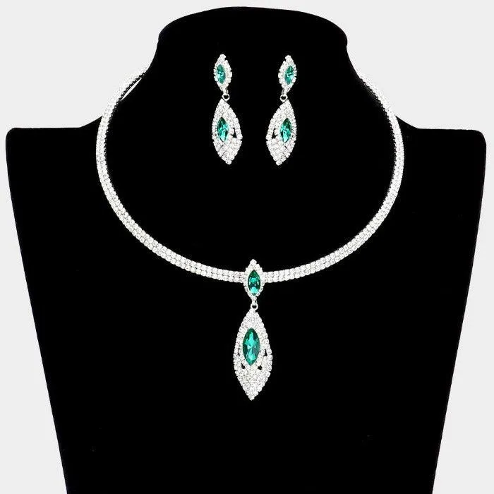 Green Marquise Stone Accented Rhinestone Choker Necklace Set