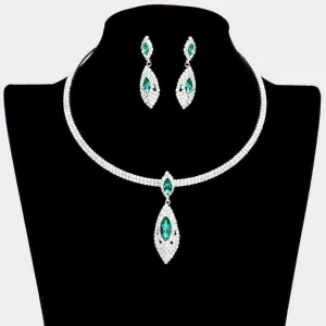 Green Marquise Stone Accented Rhinestone Choker Necklace Set