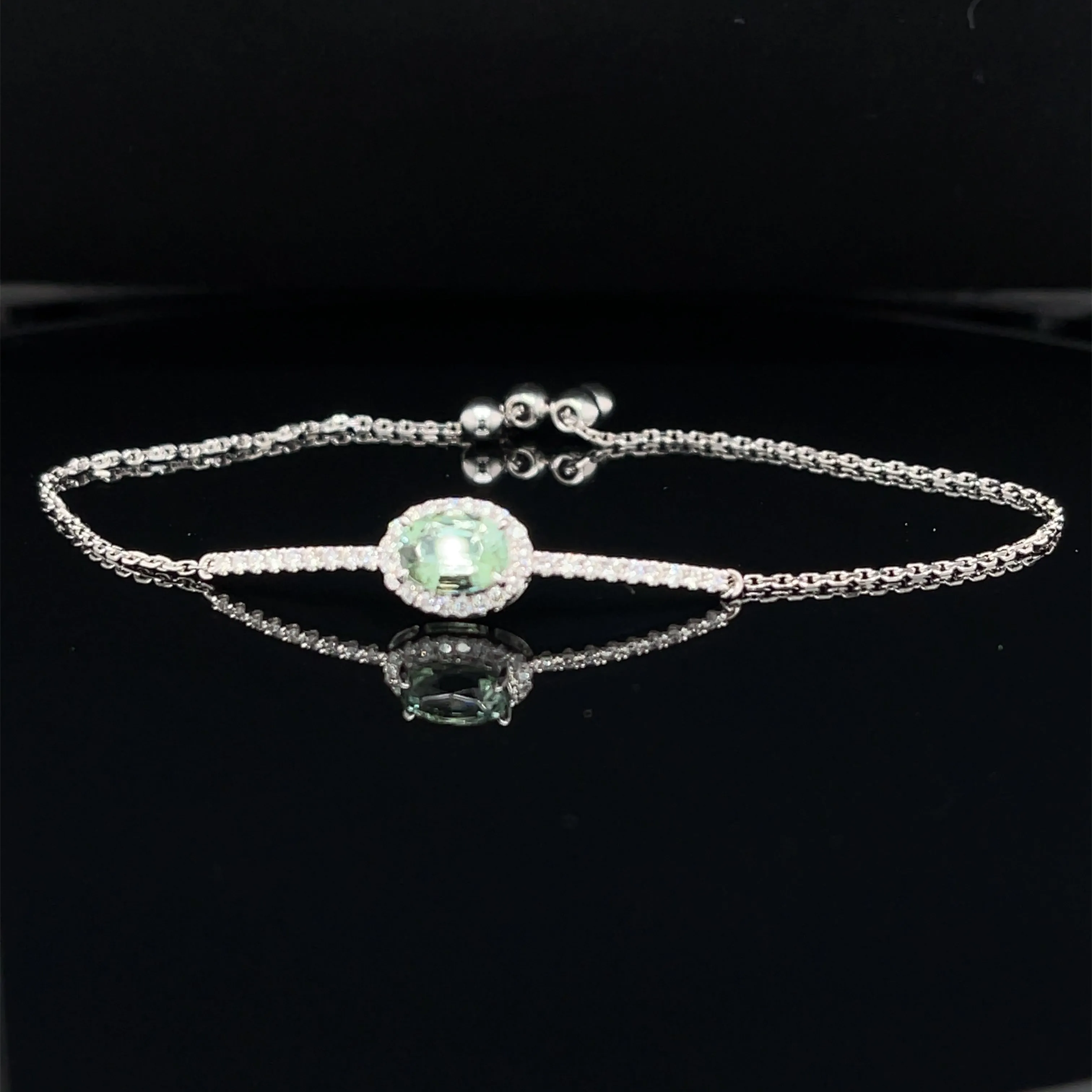 Green Tourmaline & Diamond 1.06ctw Vintage Halo Bolo Bracelet in 18k White Gold, 7” - #314 - BRTOM000030