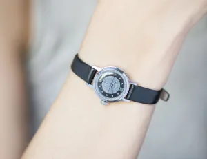 Grey black women's watch Glory, little women wristwatch silver shade, watch minimalist 90s, preppy girl watch, new genuine leather strap