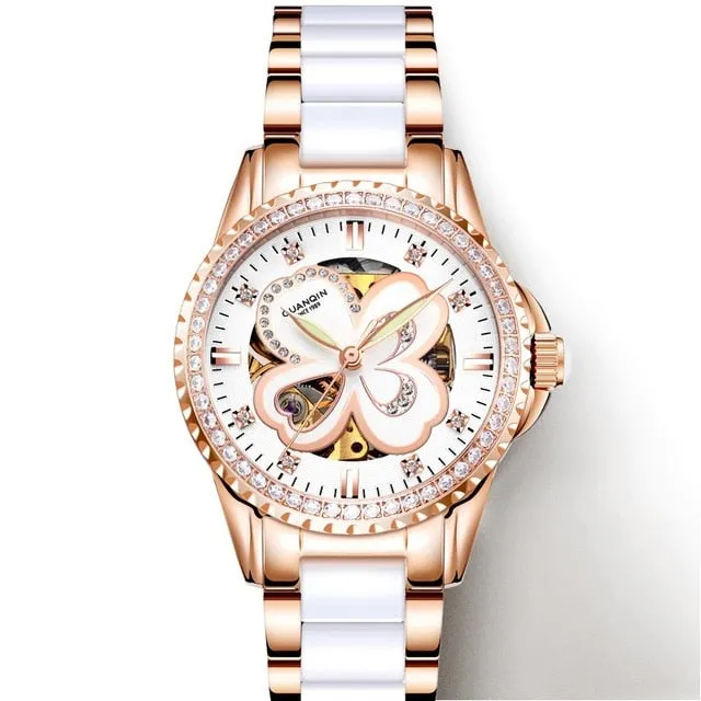 GUANQIN 2019 Automatic Mechanical Women Watches luxury brand ceramics Rhinestone Elegant rosewatch waterproof bayan kol saati