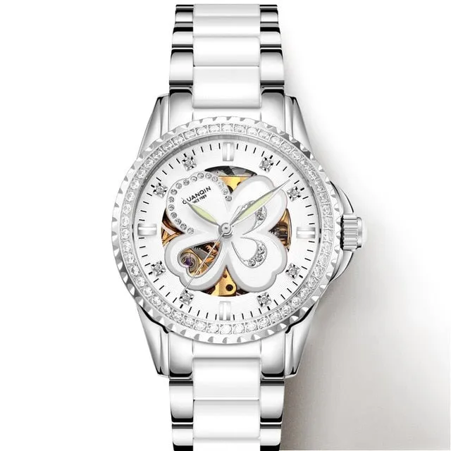 GUANQIN 2019 Automatic Mechanical Women Watches luxury brand ceramics Rhinestone Elegant rosewatch waterproof bayan kol saati