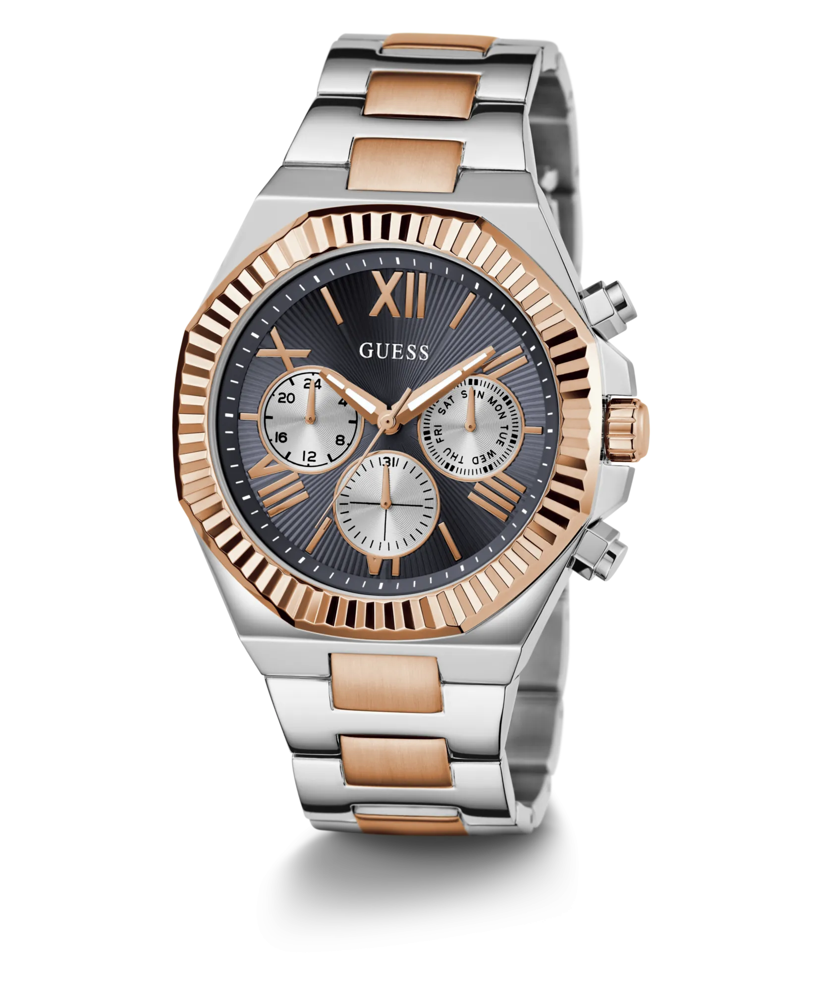 Guess Equity Brushed Silver Tone Case With Polished Rose Gold Tone Bezel With Sunray Navy Multifunction Dial And Brushed And Polished Two Tone Bracelet GW0703G4