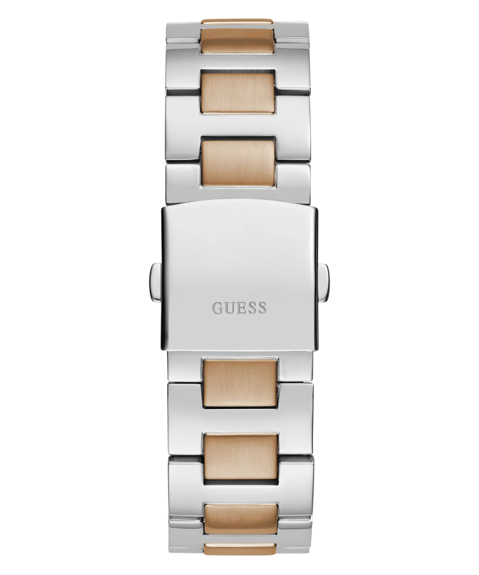Guess Equity Brushed Silver Tone Case With Polished Rose Gold Tone Bezel With Sunray Navy Multifunction Dial And Brushed And Polished Two Tone Bracelet GW0703G4