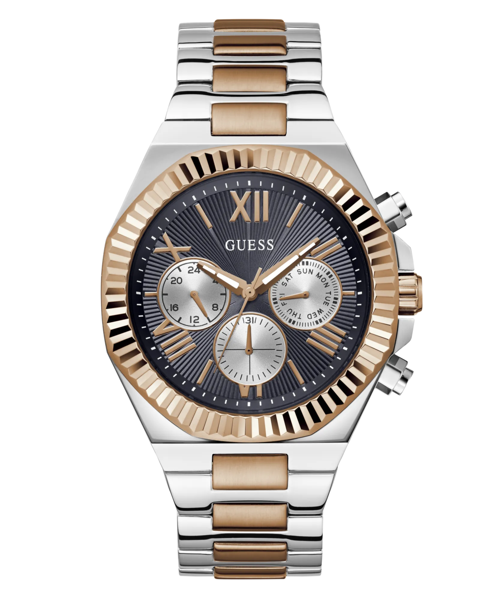 Guess Equity Brushed Silver Tone Case With Polished Rose Gold Tone Bezel With Sunray Navy Multifunction Dial And Brushed And Polished Two Tone Bracelet GW0703G4
