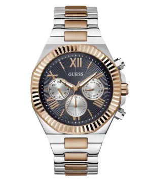 Guess Equity Brushed Silver Tone Case With Polished Rose Gold Tone Bezel With Sunray Navy Multifunction Dial And Brushed And Polished Two Tone Bracelet GW0703G4