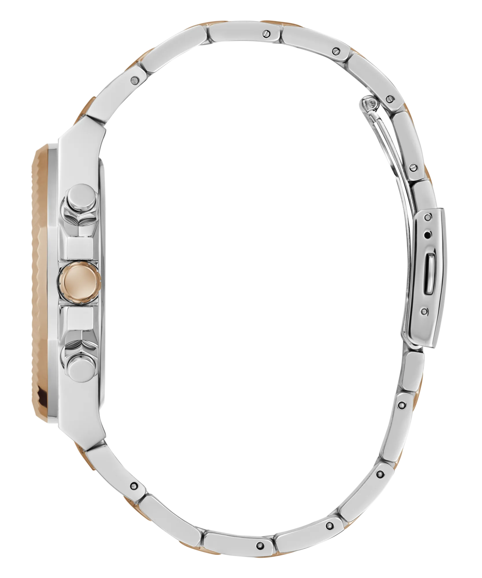 Guess Equity Brushed Silver Tone Case With Polished Rose Gold Tone Bezel With Sunray Navy Multifunction Dial And Brushed And Polished Two Tone Bracelet GW0703G4