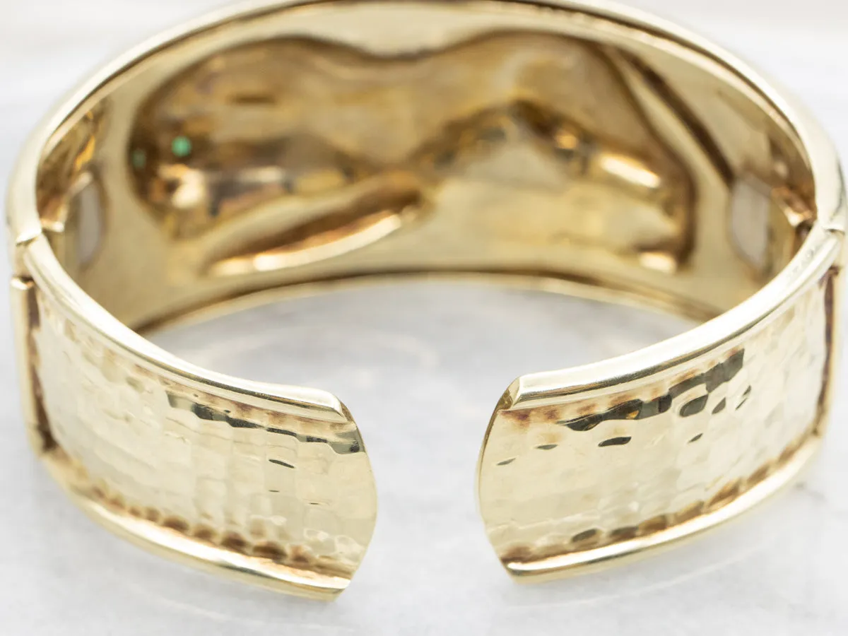 Hammered Gold Emerald Eye Lion Cuff Bracelet