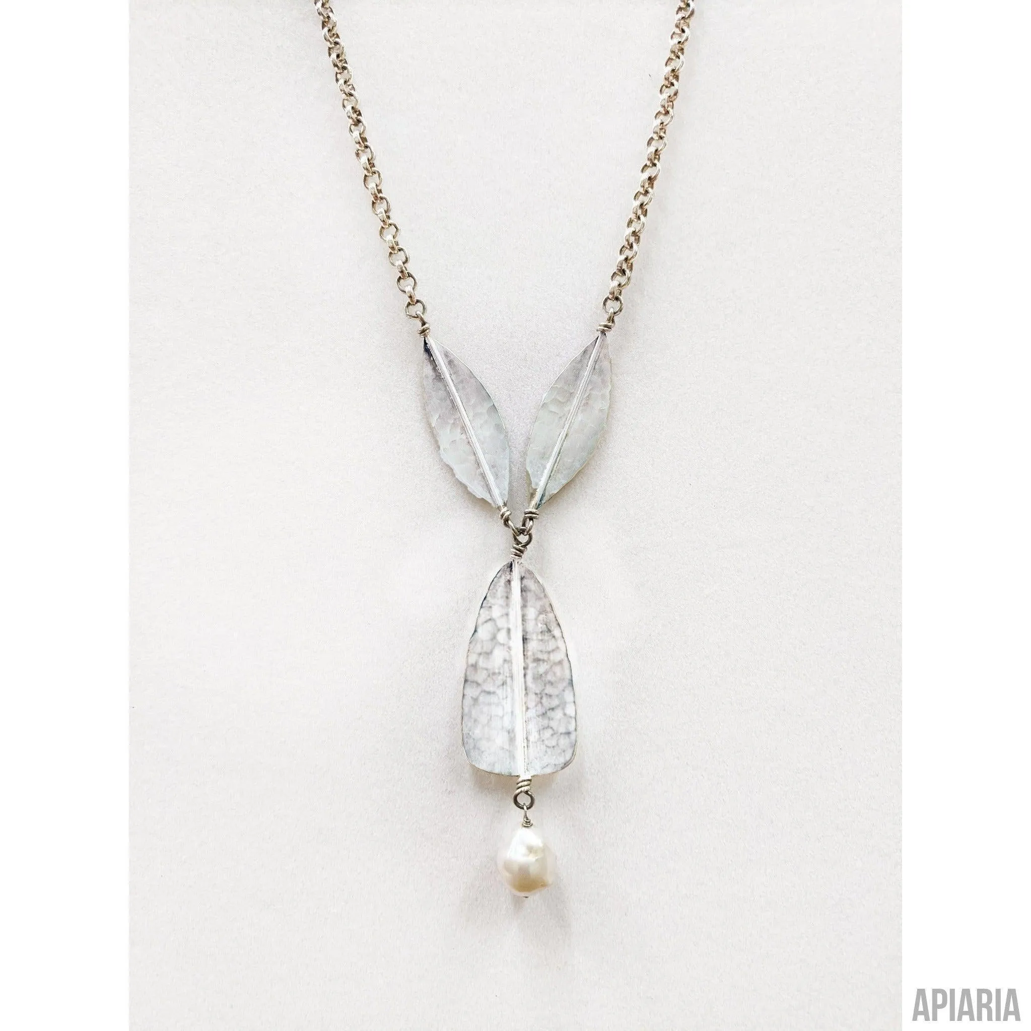 Hammered Sterling Silver Leaf & Petal Necklace with Pearl Tassel & Matching Earrings