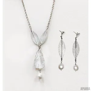 Hammered Sterling Silver Leaf & Petal Necklace with Pearl Tassel & Matching Earrings
