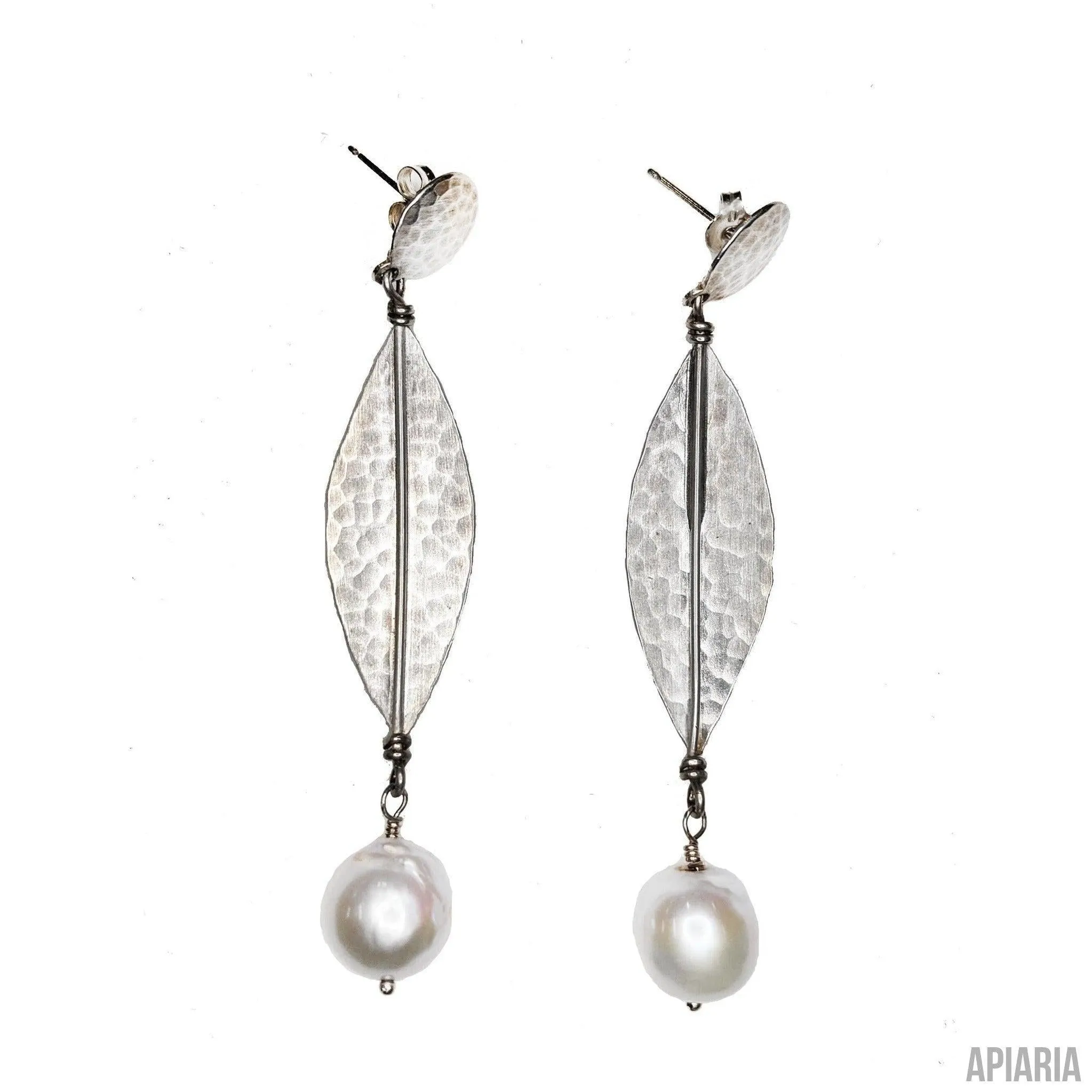 Hammered Sterling Silver Leaf & Petal Necklace with Pearl Tassel & Matching Earrings