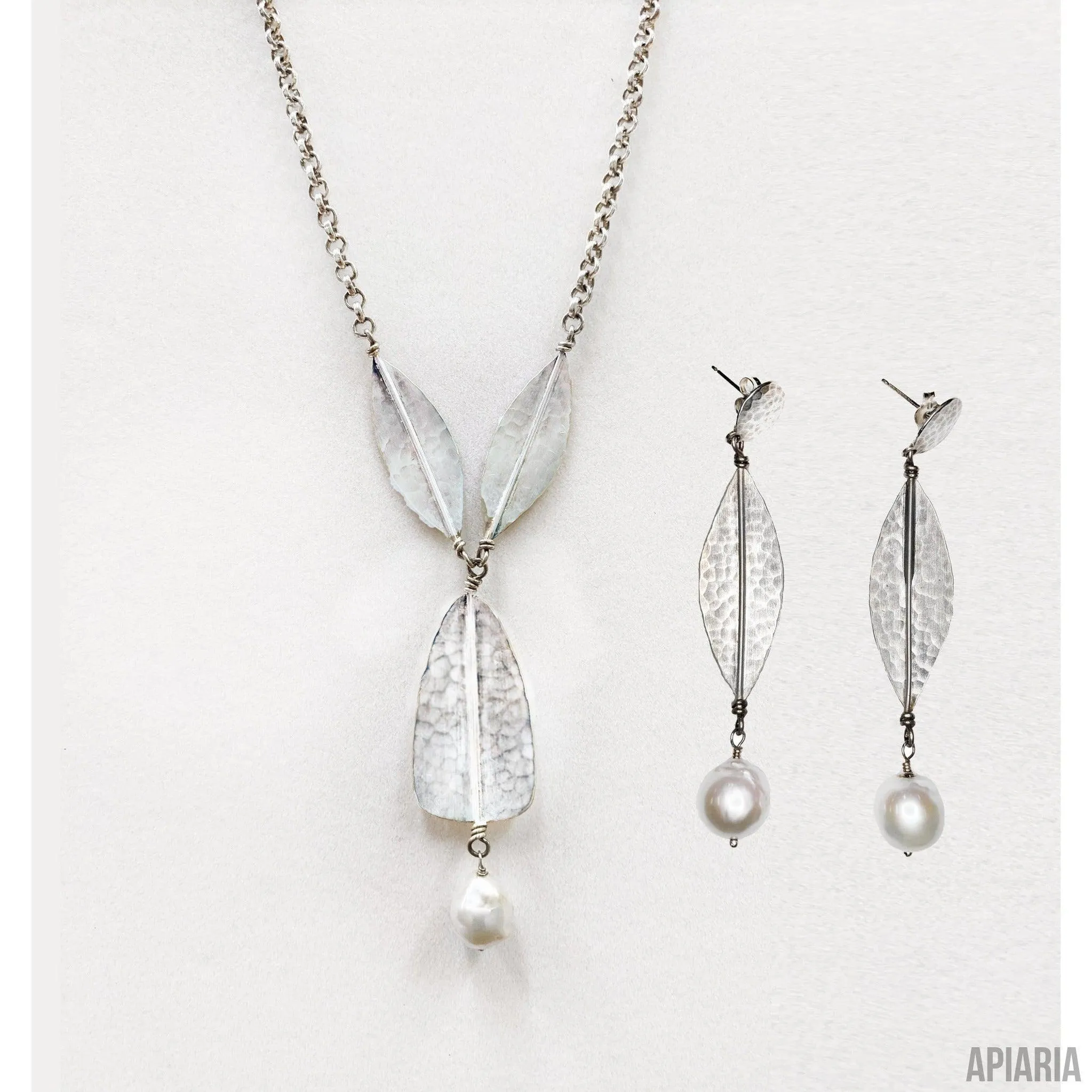 Hammered Sterling Silver Leaf & Petal Necklace with Pearl Tassel & Matching Earrings