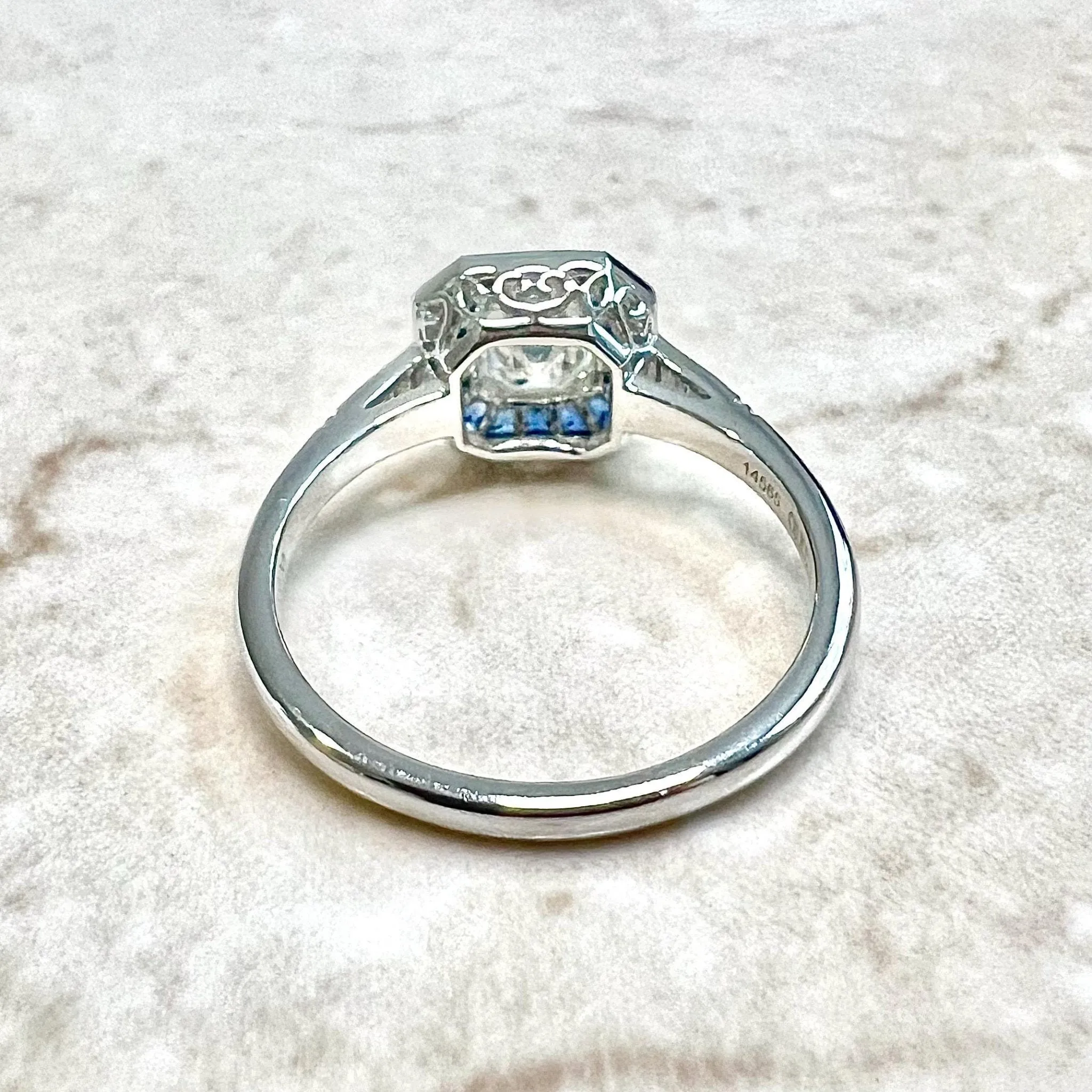Handcrafted Platinum Art Deco Style Asscher Cut Diamond & Sapphire Halo Engagement Ring
