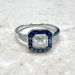 Handcrafted Platinum Art Deco Style Asscher Cut Diamond & Sapphire Halo Engagement Ring