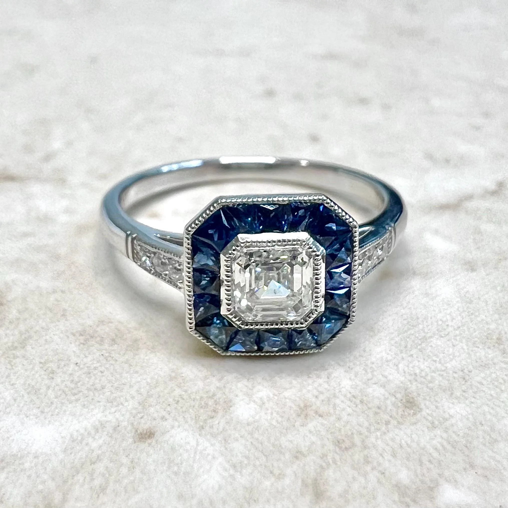 Handcrafted Platinum Art Deco Style Asscher Cut Diamond & Sapphire Halo Engagement Ring