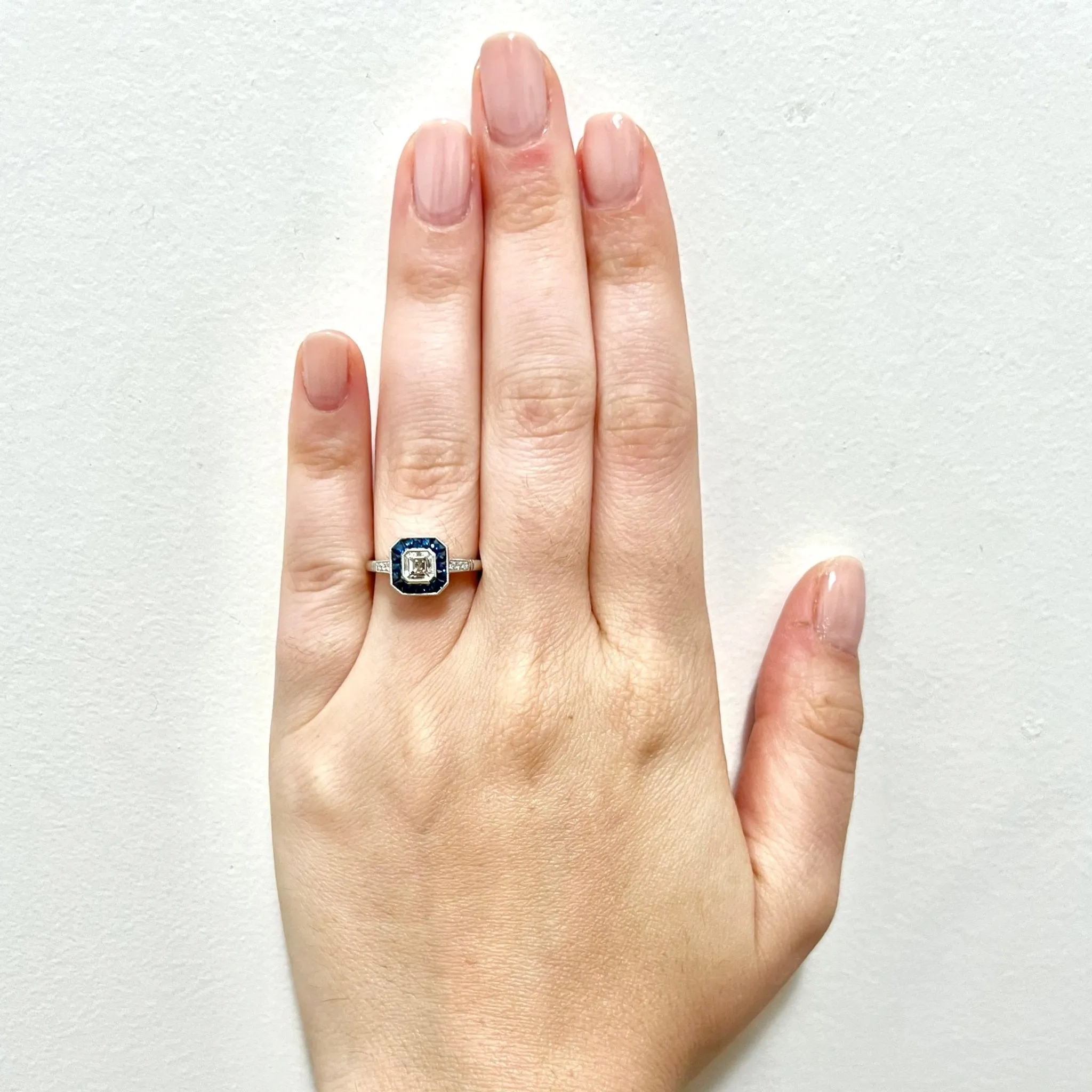 Handcrafted Platinum Art Deco Style Asscher Cut Diamond & Sapphire Halo Engagement Ring